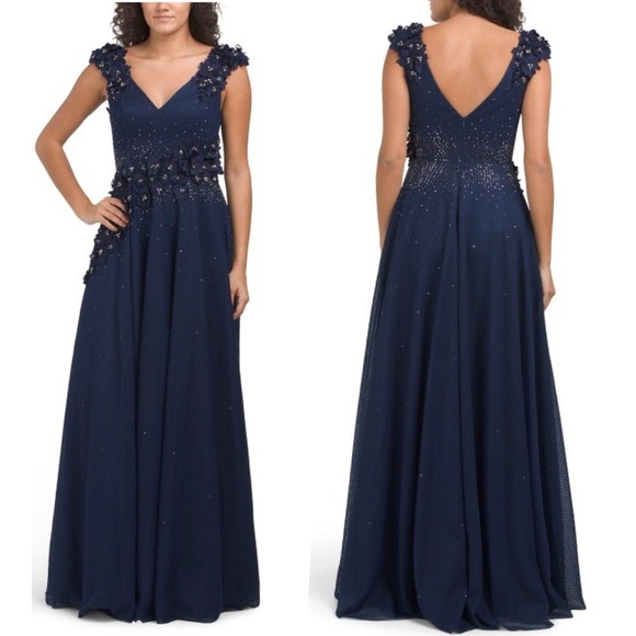 MAC DUGGAL Floral Applique Embroidered A-Line V-Neck Formal Gown Maxi Dress NEW - Picture 3 of 16